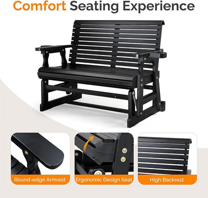 VINGLI Outdoor Glider Wood Patio Chair with Cup Holders, Outdoor Bench Glider Loveseat with Smooth Rocking Mechanism, Heavy Duty 800 LBS, Black