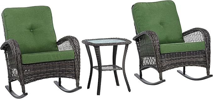 Teal Island Designs Madden 3-Piece Rattan Outdoor Green Rocking Chair Set with Occasional Table - Photo 8
