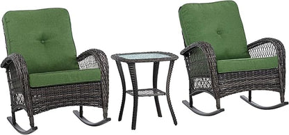 Teal Island Designs Madden 3-Piece Rattan Outdoor Green Rocking Chair Set with Occasional Table