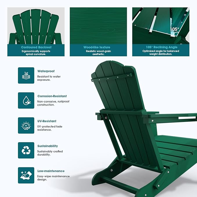 Folding Adirondack Chair, HDPE All-Weather Outdoor Chair with Cup Holder, Wooden Textured, Fire Pit Chair - Photo 6