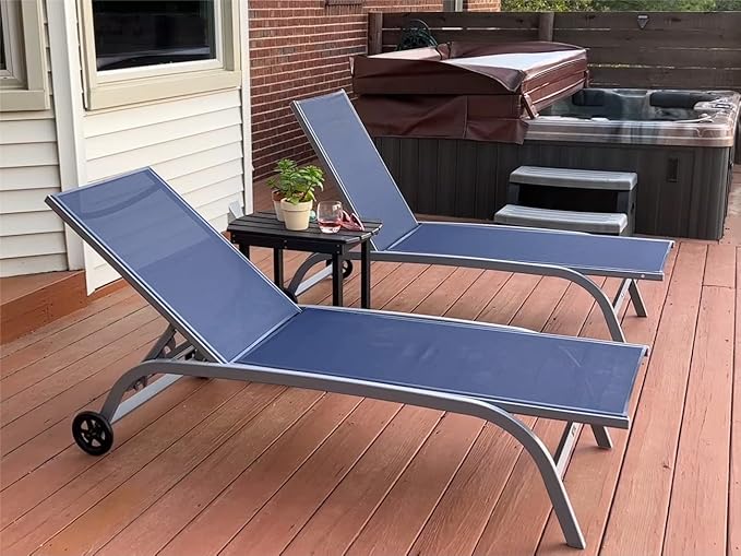 Domi Chaise Lounge Outdoor Set of 3 Lounge Chairs for Outside w/Wheels, 5 Adjustable Position Pool Lounge Chairs for Patio, Beach, Yard, Navy Blue