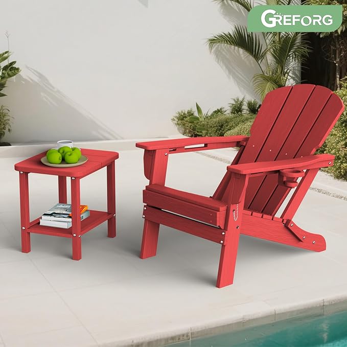 Patio Side Table, Small Rectangular HDPE Adirondack End Table for Outdoor Use in Pool, Garden, Lawn, Backyard,Red