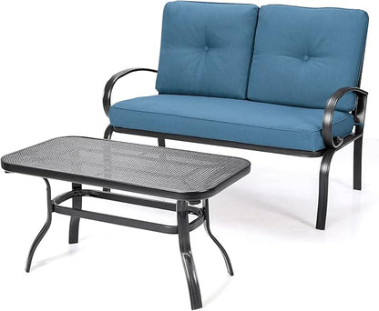 Giantex Patio Loveseat with Coffee Table Outdoor Bench with Cushion and Metal Frame, Loveseat Porch Furniture Set Sofa for Garden, Yard, Patio or Poolside (Navy & Black)