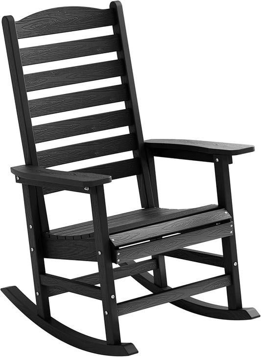 YEFU Outdoor Rocking Chair with Curved Backrest, Poly Porch Rocker, Weather Resistance Patio Rocking Chair,Like Real Wood,for Indoor,Lawn, Backyard,Garden,Heavy Duty, Weight Capacity 380lbs(Black)