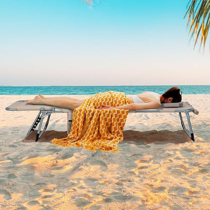 Goplus Tanning Chair, Folding Outdoor Beach Lounge Chair with Face & Arm Hole, Carrying Strap, Pillow, Side Pocket, 5-Position Adjustable Chaise Lounge Chair Sunbathing Chair for Lawn Pool, 330 LBS