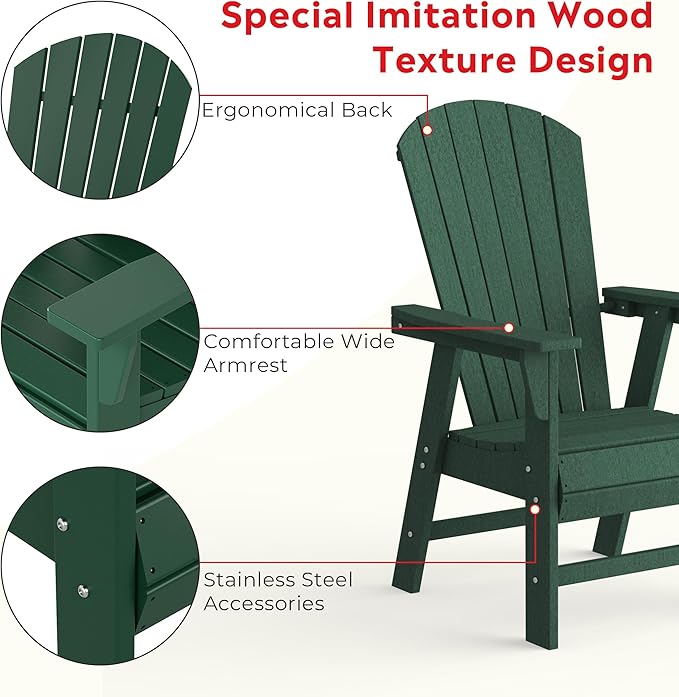 Costaelm Outdoor Adirondack Chair, HDPE Patio Balcony Chairs, Portside Seashell Nautical Curveback Adirondack Chair and Fire Pit Chairs, Dark Green