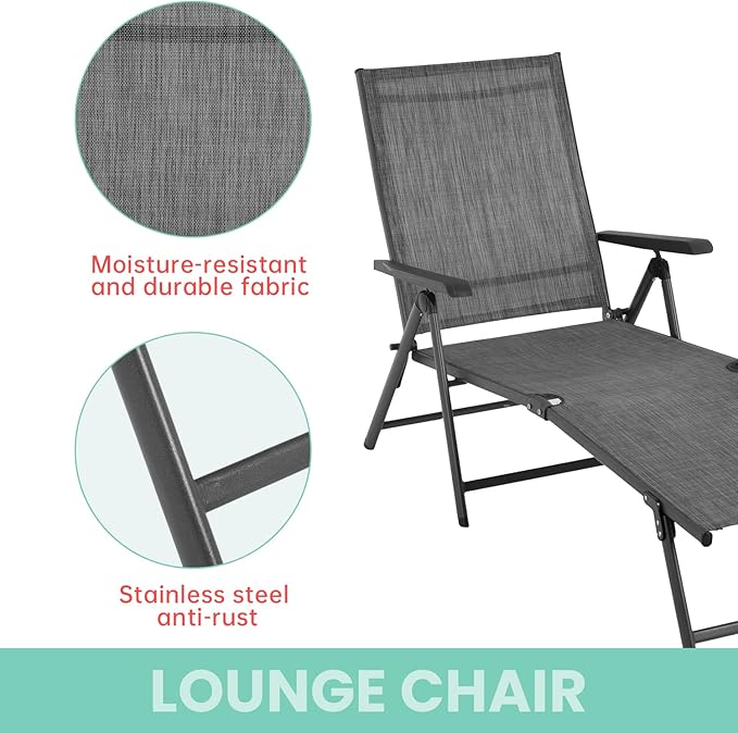 Patio Lounge Chair Chaise Lounges Patio Folding Lounge Chairs for Outside Patio Pool Beach Yard with Adjustable Reclining Lounge Chairs Set of 2 - Gery