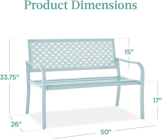 Best Choice Products Outdoor Bench 2-Person Metal Steel Benches Furniture for Garden, Patio, Porch, Entryway w/Geometric Backrest, 790lb Capacity - Sky Blue