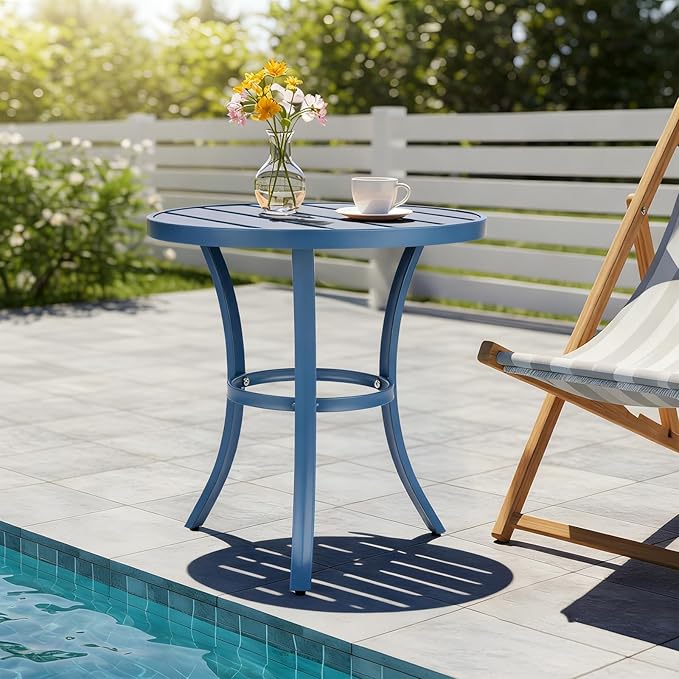 Outvita Outdoor Round Side Table, Small Metal End Table Black Coffee Table for Patio Lawn Garden Living Room Bedroom Sturdy (Single Layer, Navy Blue)