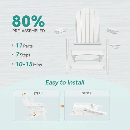 Foldable HDPE Adirondack Chairs Set of 2, Porch, Balcony, Patio, Weather Resistant Outdoor Furniture, Hidden Cup Holder, White