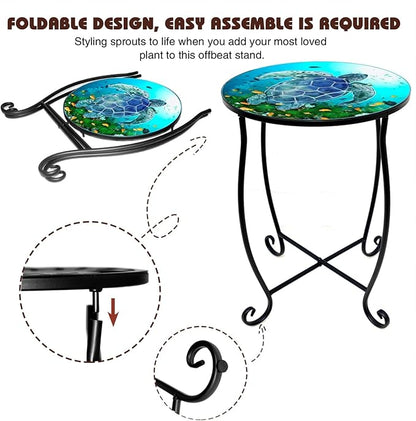 2-Pack 15 Inch Tall Mosaic Patio Side Tables Style, Metal Folding Turtle Table Set, Shatterproof Outdoor Patio Table for Porch Deck, Rust Resistant Small Garden Table (Set of 2)