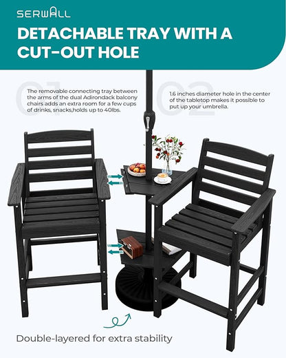 SERWALL Tall Adirondack Chairs Set of 2 with Connecting Table, All Weather Outdoor Barstools, Black