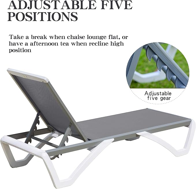 Domi Chaise Lounge Outdoor, Patio Lounge Chair with Aluminum Frame, All Weather Pool Lounge Chair for Deck Lawn Backyard, Gray Textilene