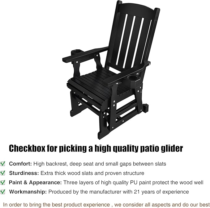 Fortune Candy Wooden Patio Glider for One Person, with High Back and Deep Contoured Seat, Solid Fir Wood - Photo 3