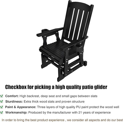 Fortune Candy Wooden Patio Glider for One Person, with High Back and Deep Contoured Seat, Solid Fir Wood, Heavy Duty 600 LBS, Black, 1-Seater