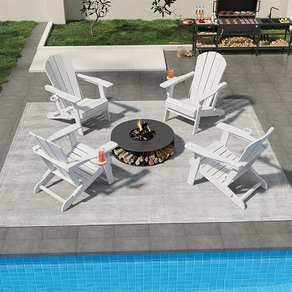 Folding Adirondack Chairs with Cup Holders, Set of 4 HDPE Plastic Outdoor Chairs, Weather Resistant, Real Wood Look - Photo 1