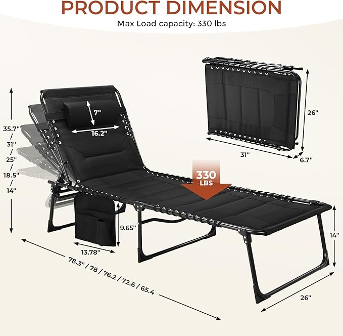 TLSUNNY Padded Folding Lounge Chair, Portable Reclining Chair with Pillow & Side Pocket, Outdoor 5-Position Adjustable Chaise Lounger with Carrying Handle, for Beach, Pool, Sunbathing (Black)