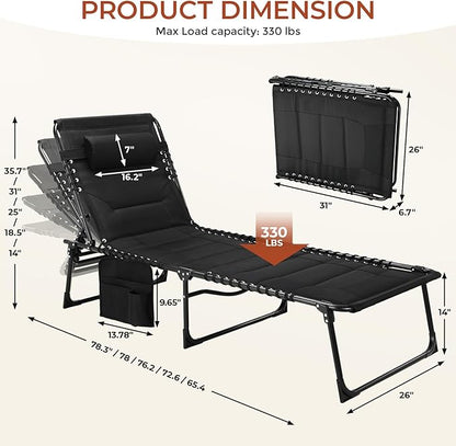 TLSUNNY Padded Folding Lounge Chair, Portable Reclining Chair with Pillow & Side Pocket, Outdoor 5-Position Adjustable Chaise Lounger with Carrying Handle, for Beach, Pool, Sunbathing (Black)