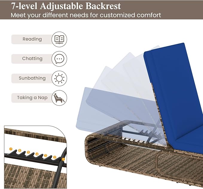 Tangkula Outdoor Chaise Lounge Chair Set of 2, 7-Position PE Wicker Patio Reclining Sun Lounger with Adjustable Backrest, Cushion and Storage, Pool Sunbathing Recliner for Poolside, Backyard (Navy)