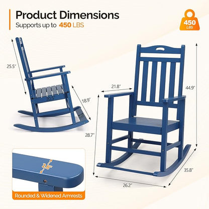 VINGLI Outdoor Rocking Chair with Footrest, Wooden Rocking Chair with 450 LBS Weight Capacity, Patio Rocker with Comfortable Backrest for Garden, Yard (Navy Blue, 2PCS)