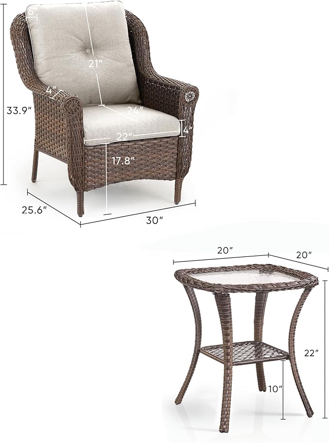 3 Piece Patio Brown Wicker Chairs with Side Table - Outdoor High Back Heavy Duty All-Weather Lawn Dining Rattan Chair - Photo 3