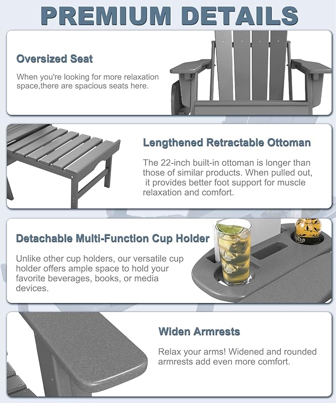 Adjustable Adirondack Chair with Retractable Ottoman Set of 2, HDPE Folding Adirondack Chair with Cup Holder - Photo 6