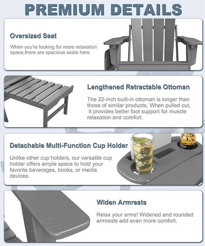 Adjustable Adirondack Chair with Retractable Ottoman Set of 2, HDPE Folding Adirondack Chair with Cup Holder, All Weather Fire Pit Chair for Outdoor.