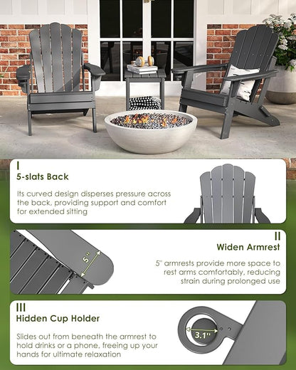 GREENVINES Oversized-Folding-Adirondack-Chairs-Set-of-6 | HDPE Plastic | Cup Holder | Fire Pit Chair | All Weather | for Outdoor Deck Backyard | Grey