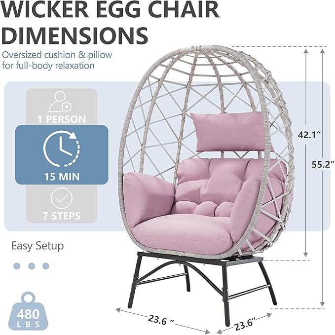 SWITTE Wicker Egg Chair Outdoor, Oversized Patio Lounge Chairs with Cushion for Indoor Living Room, Bedroom, Outside Backyard Balcony-Pink