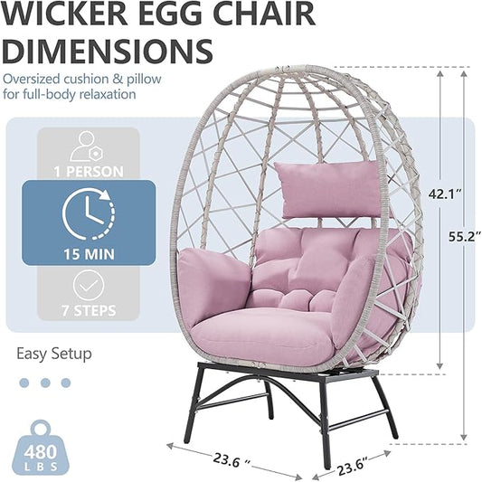 SWITTE Wicker Egg Chair Outdoor, Oversized Patio Lounge Chairs with Cushion for Indoor Living Room, Bedroom, Outside Backyard Balcony-Pink