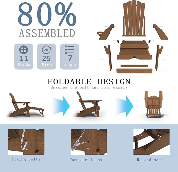 Adjustable Adirondack Chairs with Retractable Ottoman Set of 4, HDEP Folding Adirondack Chair with Footrest & Cup Holder, All Weather Fire Pit Chair for Outdoor,Wood