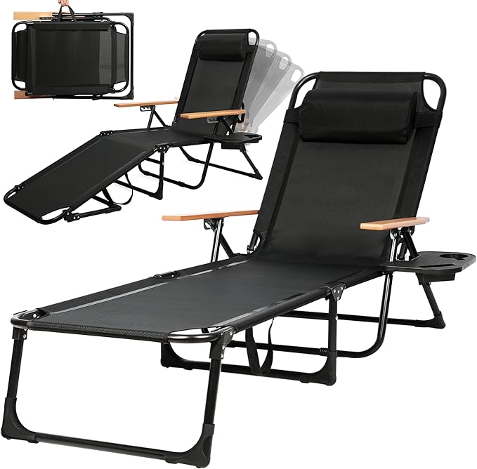 Outdoor Chaise Lounge Chair with 4-Position Adjustable Backrest, Patio Folding Sun Tanning Chair, Pillow & Cup Holder, Portable Recliner Sunbathing Lounger Chairs for Pool Beach Lawn Garden (Black)