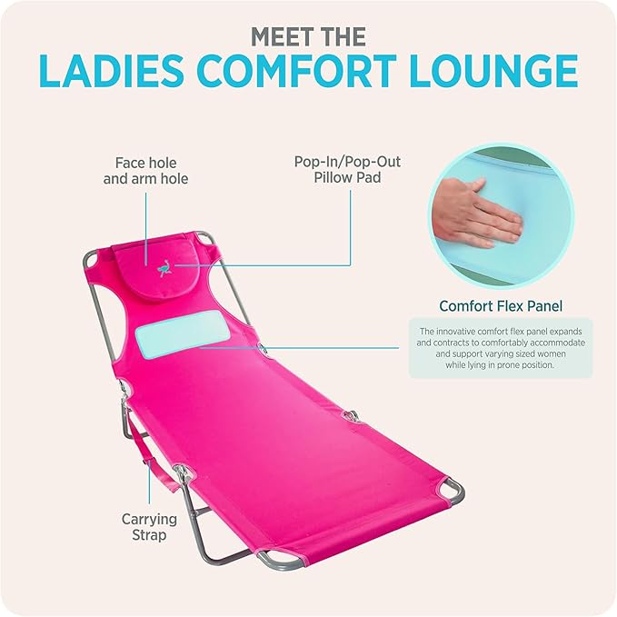 Ostrich the Ladies Comfort Lounger with Chest Support, Foldable and Portable Reclining Outdoor Patio Beach Lawn Camping Pool Tanning Chair, Pink