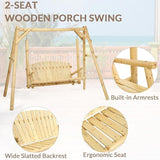 2-Seat Wooden Log Porch Swing With Stand, Rustic Hardwood Chair Bench, Curved Back, for Outside Yard, Garden, Deck - Photo 3