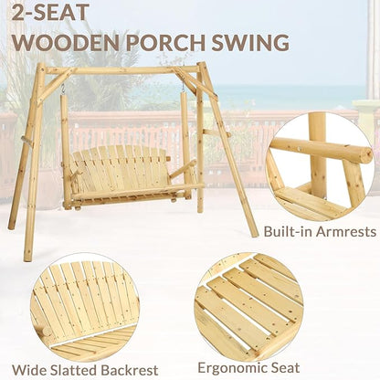2-Seat Wooden Log Porch Swing With Stand, Rustic Hardwood Chair Bench, Curved Back, for Outside Yard, Garden, Deck, Poolside, Natural