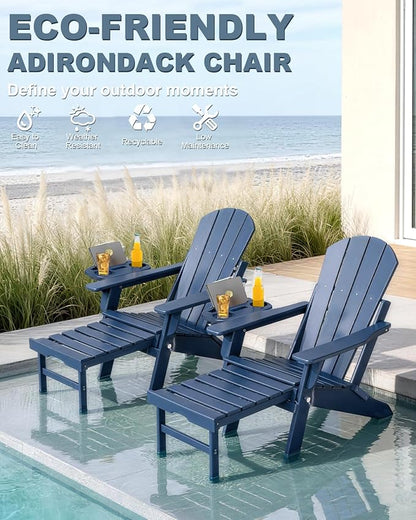 Adjustable Adirondack Chair with Retractable Ottoman Set of 8, HDPE Folding Adirondack Chair with Cup Holder, All Weather Fire Pit Chair for Outdoor.