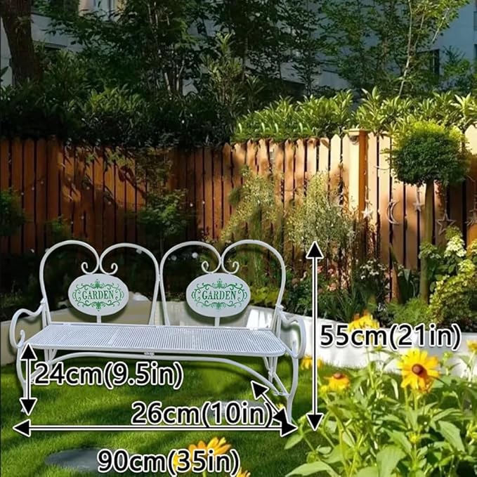 Small Metal Garden Bench, Patio Bench with Armrest, Park Yard Outdoor Furniture for Lawn Yard Porch Work Entryway(White)