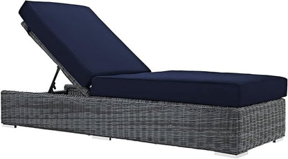 Modway Summon Wicker Rattan Aluminum Outdoor Patio Poolside Chaise Lounge Chair with Sunbrella® Fabric Cushions in Canvas Navy