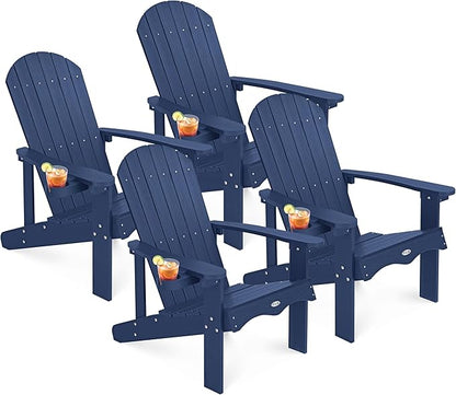 Y&M Adirondack Chair Set of 4, Navy Blue Fire Pit Chairs, Outdoor Patio Chairs with Cup Holder, Weather Resistant HDPE Wooden Textured Patio Chairs, Perfect for Garden, Lawn, Deck, or Poolside
