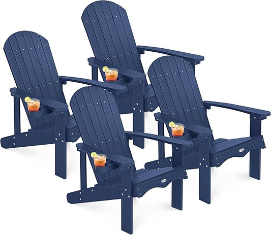Y&M Adirondack Chair Set of 4, Navy Blue Fire Pit Chairs, Outdoor Patio Chairs with Cup Holder, Weather Resistant HDPE Wooden Textured Patio Chairs, Perfect for Garden, Lawn, Deck, or Poolside