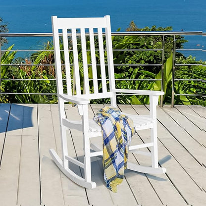 Tangkula Acacia Wood Porch Rocking Chair, Wooden Rocking Chair Rocker with High Back & Armrest for Indoor Outdoor Use, Patio Rocker for Garden Lawn Balcony Backyard Poolside (1, White)