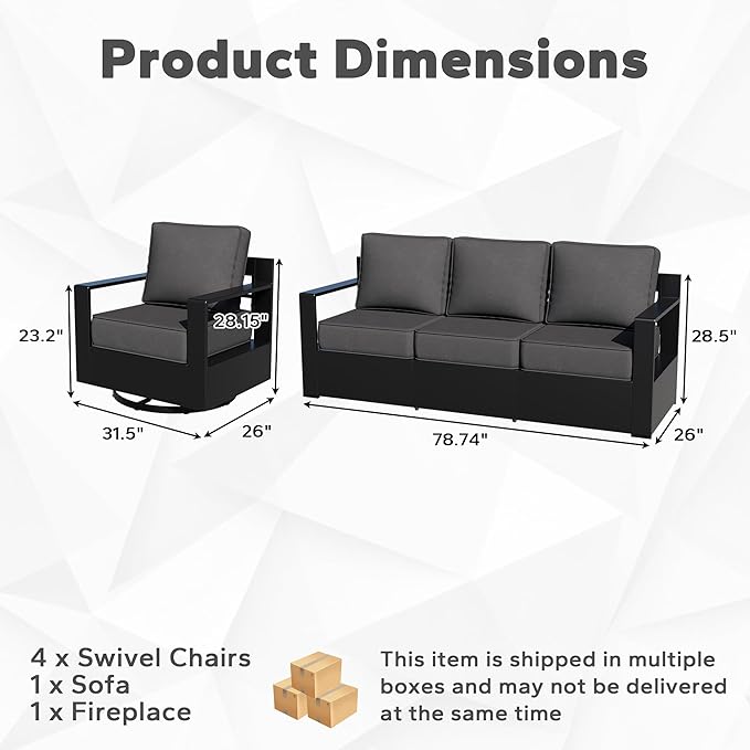 Outdoor Aluminum Furniture Set, 5-Piece Patio Conversation Set, 4 Swivel Chairs, 1 Sofa and 1 Fireplace, All-Weather Metal Frame, 6" Thick Removable Cushions, Deep Setting for Garden, Porch