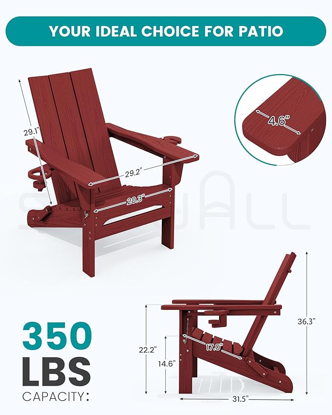 SERWALL Folding Adirondack Chair with Cup Holders, All Weather Resistant Modern Adirondack Chair, HDPE Fire Pit Chairs - Photo 3