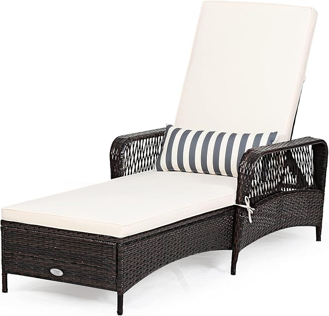 COSTWAY PE Rattan Chaise Lounge Chair, 6 Gear Adjustable Recliner with Armrest & Pillow - Photo 1