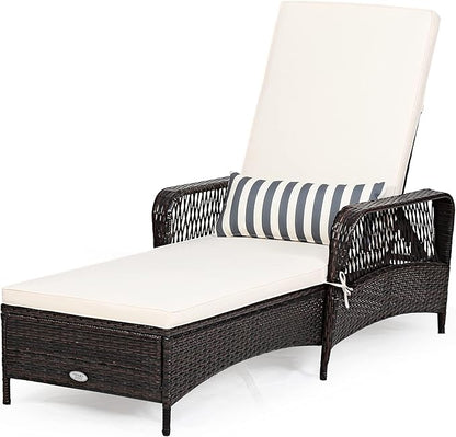 COSTWAY PE Rattan Chaise Lounge Chair, 6 Gear Adjustable Recliner with Armrest & Pillow, Wicker Outdoor Furniture for Deck, Patio (1, Brown)