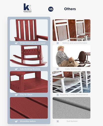 KINGYES Oversized Outdoor Rocking Chair Set of 2, All-Weather Patio Rocking Chairs for Porch, HDPE Outdoor Patio Rockers with High Back & Wide Seat for Garden, Lawn, Red