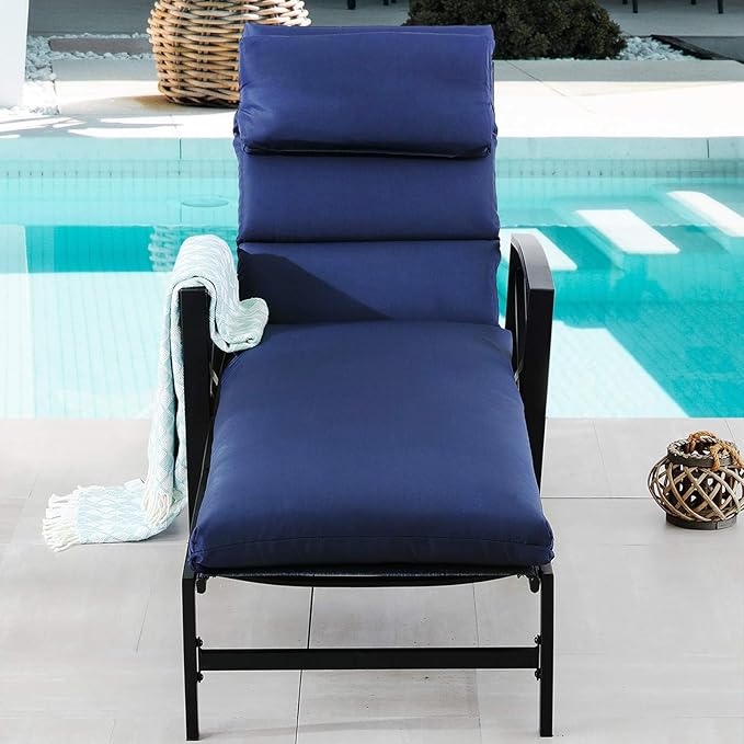 PatioFestival Patio Lounge Chair Cushioned Textilene Chaise Lounger Outdoor with Adjustable Back 3.1" Thickness Long Cushion All Weather Frame (Blue)