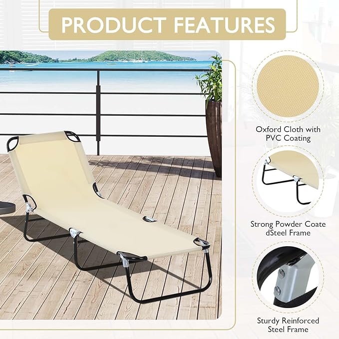 3-in-1 Heavy Duty Tanning Chair with Face Hole Adjustable 5-Position Folding Chaise Lounge Chairs Portable Lay Flat Beach Lounge Chair for Outdoor Sunbathing Patio Pool Lawn Camping Deck (Beige)
