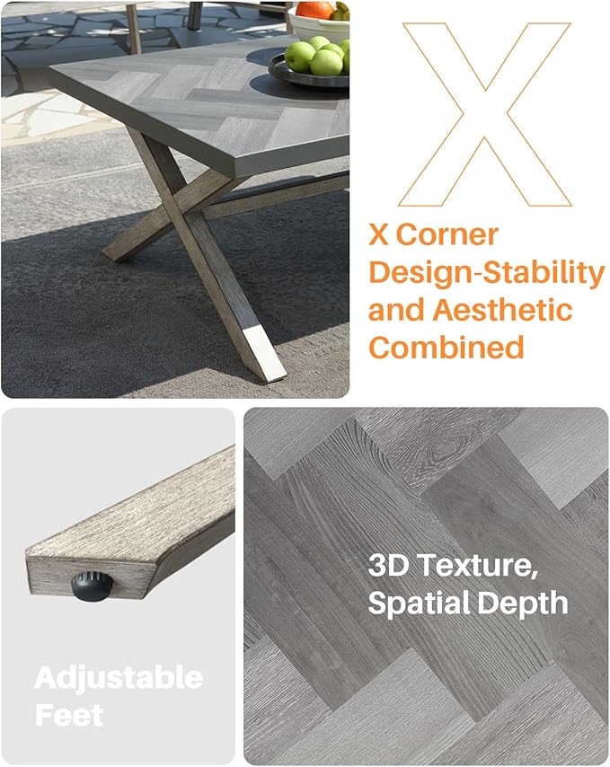 Aluminum Outdoor Coffee Table, All-Weather Rectangle Patio Coffee Table with Resin Tabletop, Modern Aluminum Outdoor Furniture Table for Patio, Poolside, Garden, Balcony, White Oak