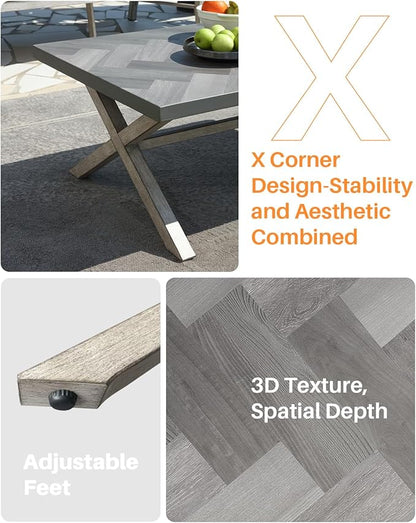 Aluminum Outdoor Coffee Table, All-Weather Rectangle Patio Coffee Table with Resin Tabletop, Modern Aluminum Outdoor Furniture Table for Patio, Poolside, Garden, Balcony, White Oak